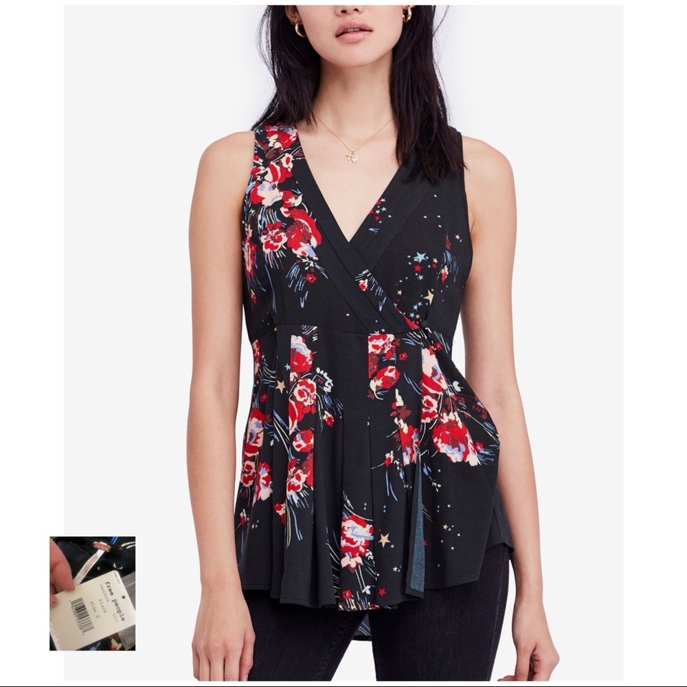 Free People NWT Black Back To Basics Floral Wrap Top